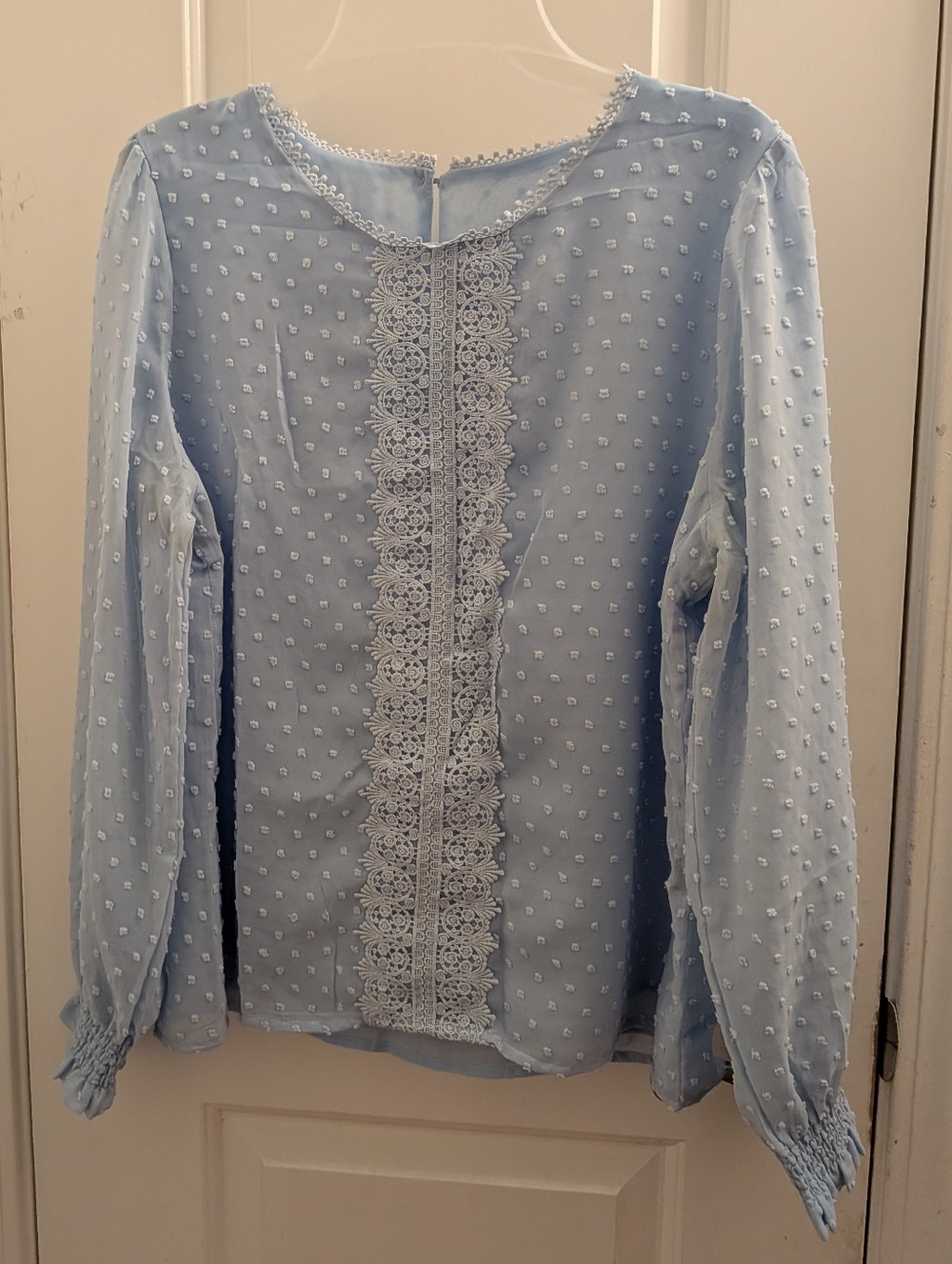 Light Blue Lace-Trim Swiss Dot Long Sleeve Top